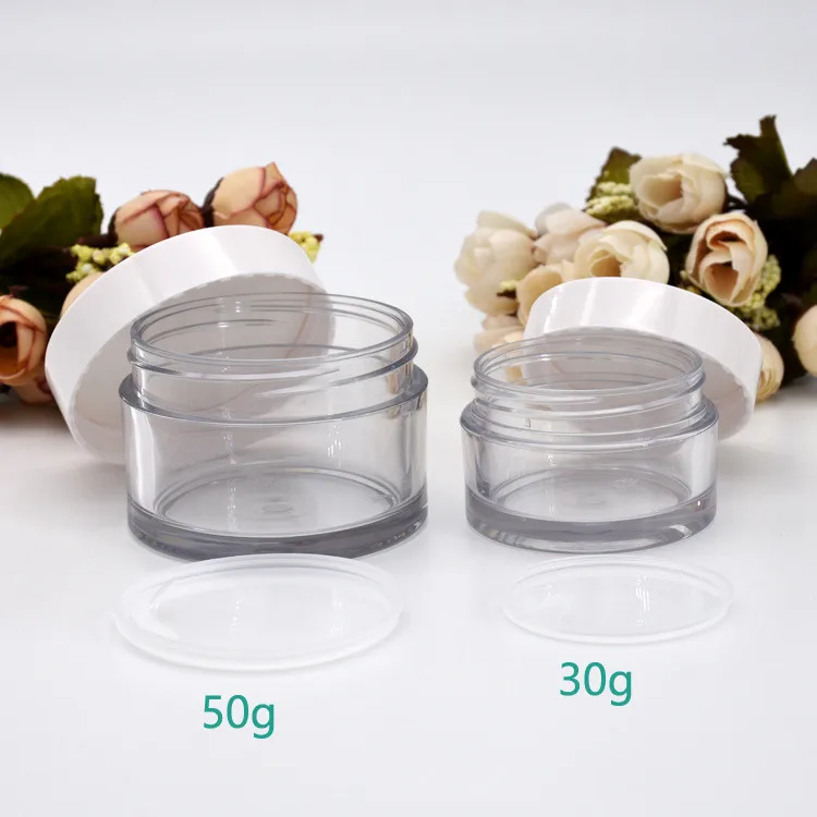 30g 50g 100g PET cosmetics empty thickened cream clear jar with white cap