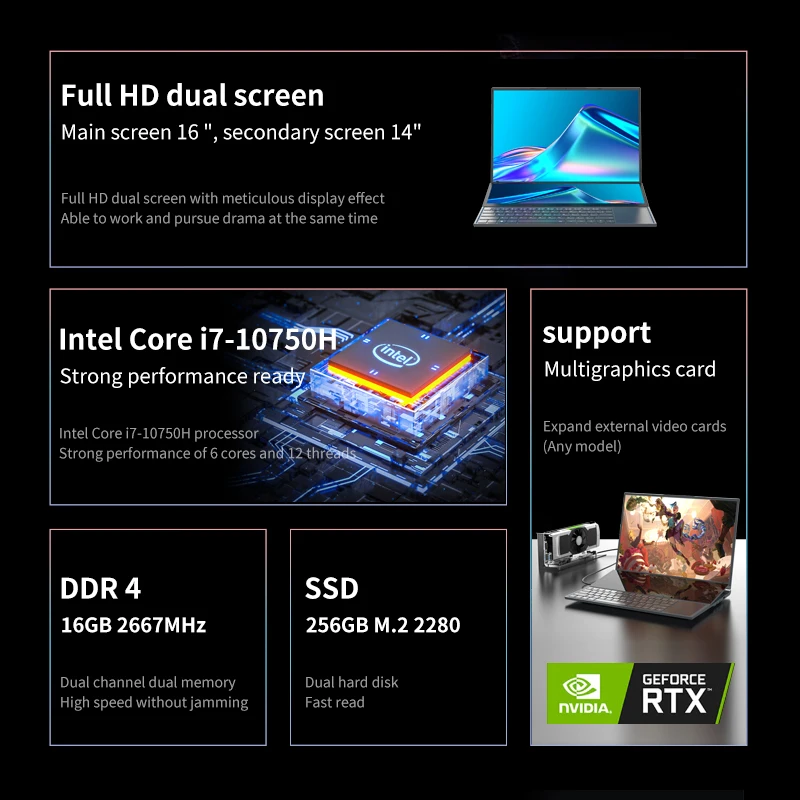 2023 Brand New Notebook PC 16 + 14 Inch Touch Double Screen Intel Core i7 10th Gen Business Gaming Dual Screen Laptop Computer