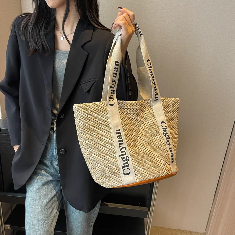 personalized gift lady handbags name tote bag woven custom monogram canvas bucket bag