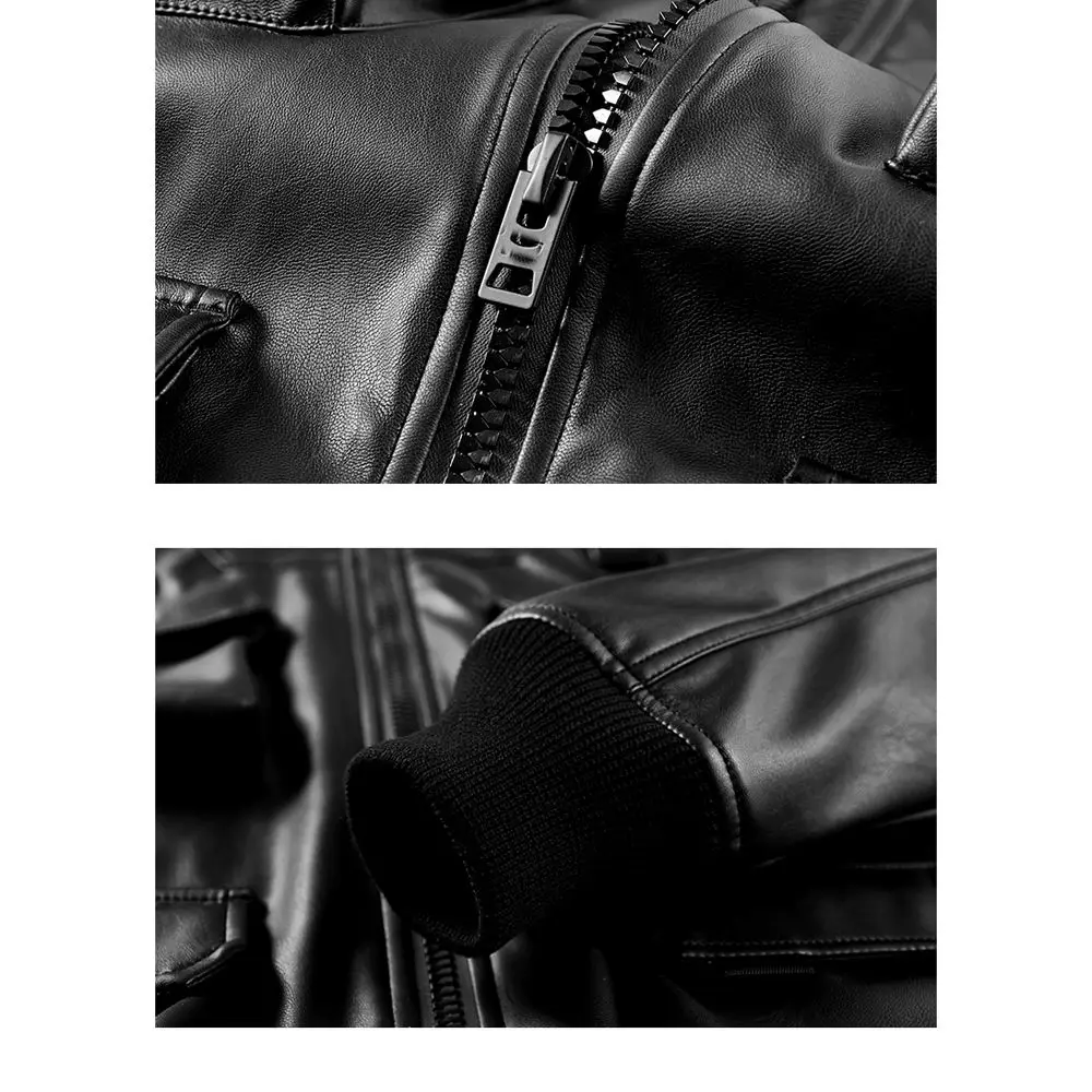 cropped oversized black leather custom varsity jacket Multi Pockets Jacket PU Leather Zipper stylish leather jacket for men