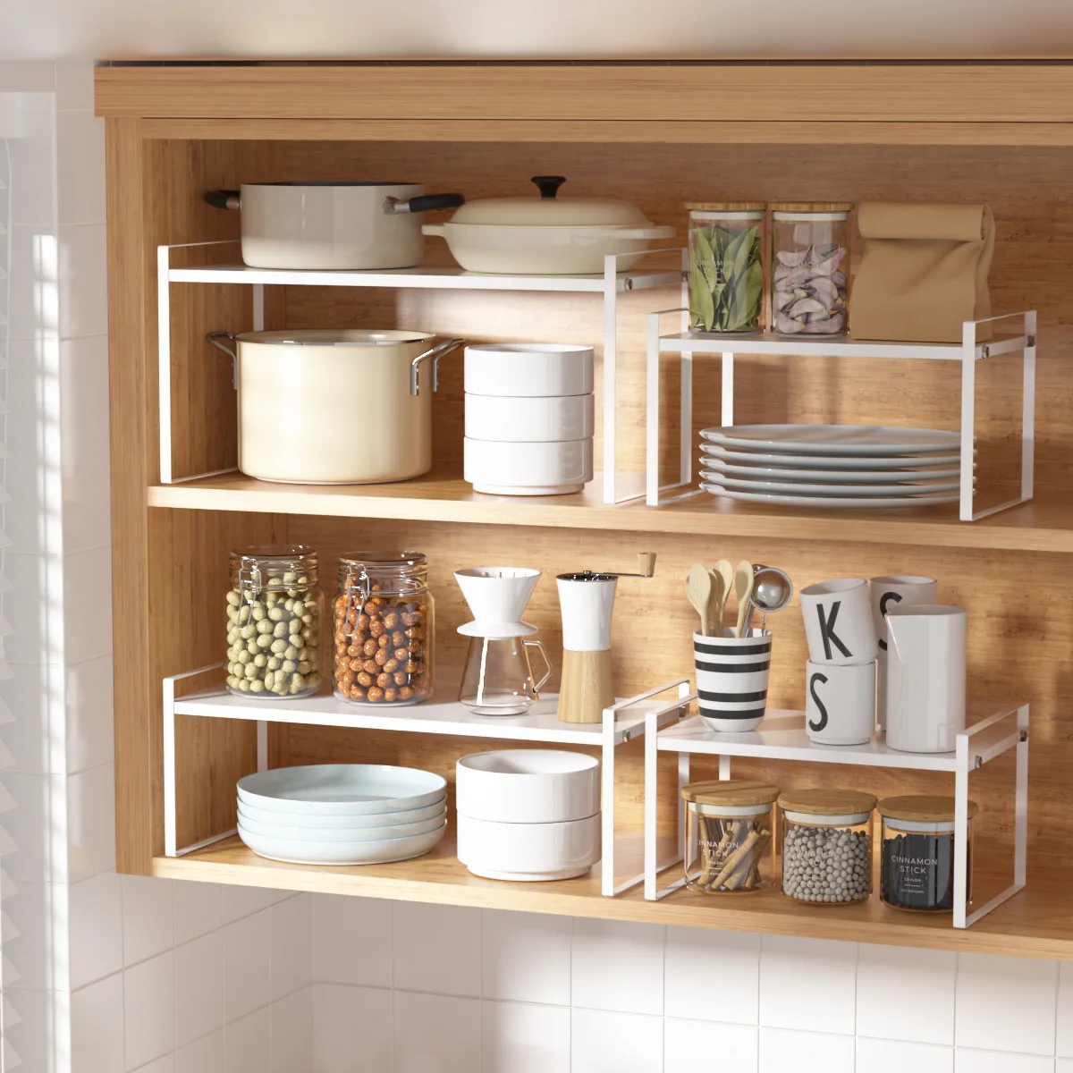 HSN006 Kitchen shelf under sink cabinet countertop pots and pans within layered storage rack desktop plate pot storage racks