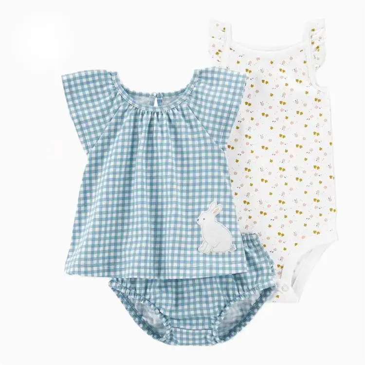 New Baby Girls Summer Clothing Set 100% cotton Knitted 3pcs Short Sleeve T-shirts Sets