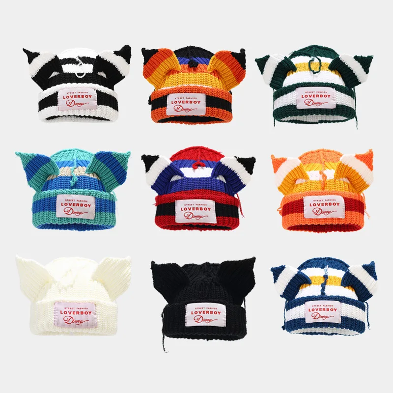 Winter And Autumn Fashion Cute Wholesale Warm Knitted Beanies With Ears Unisex Custom Logo Hats winter hats for men
