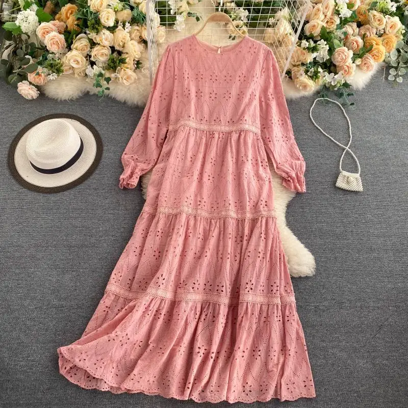 Custom autumn clothes female Korean simple solid color round neck hollowed out long-sleeved dress one pcs lace dress