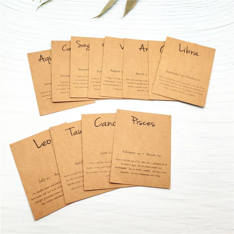 7*9cm constellation Zodiac Sign Bracelet Cards Custom Logo Printed Brown Kraft Paper Cards Men Women Gift Jewelry Packing Cards