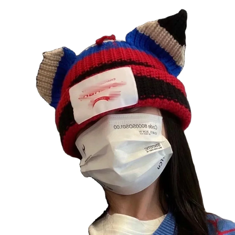 New Model Adult Hand-knitted Multicolor Little Striped Cat Ear Knit Hat Pattern for Women