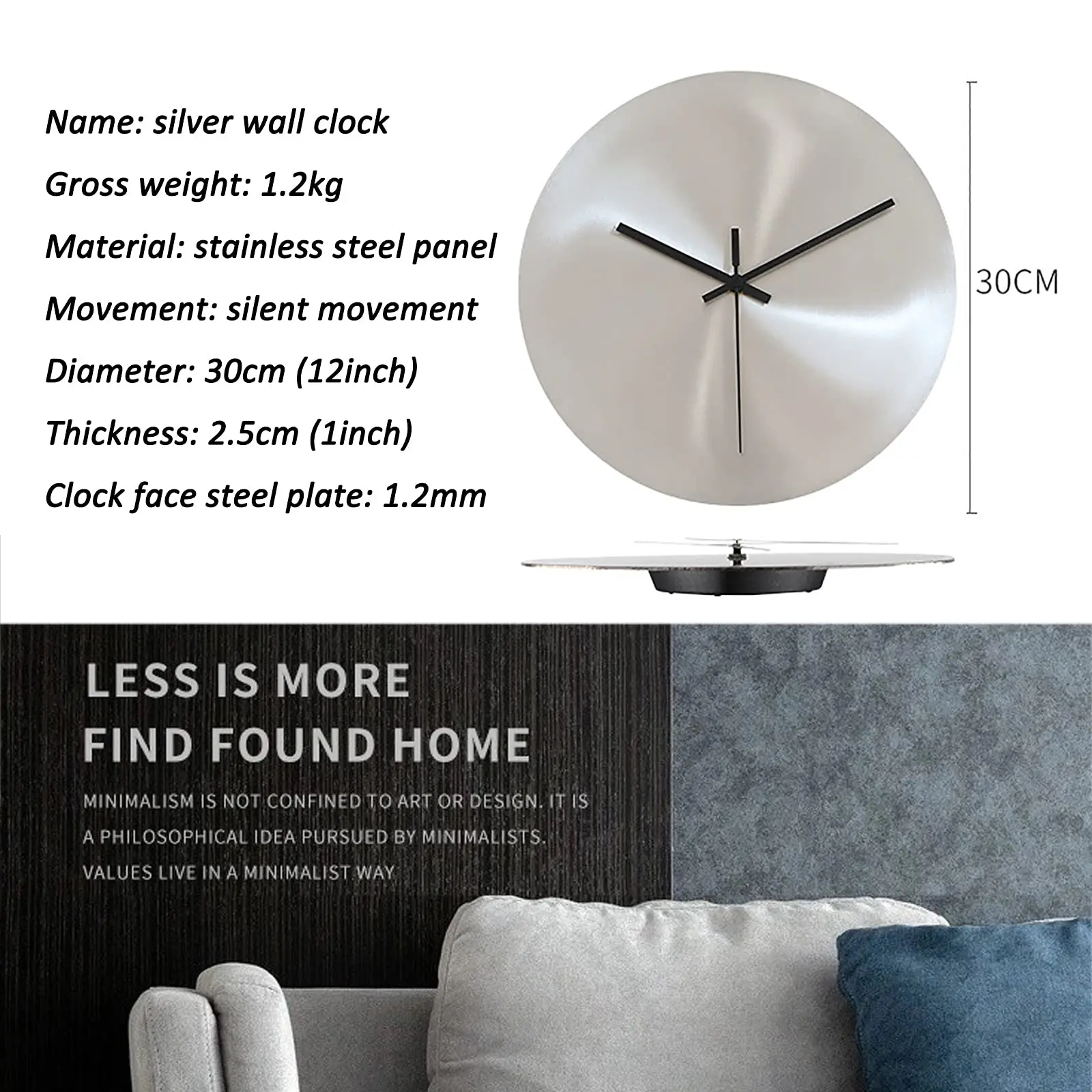 Home Source  Stainless Steel Dial Silver Decor Wall Clock  Silent Movement Battery Operated Wall Hanging Clock Metal  clock