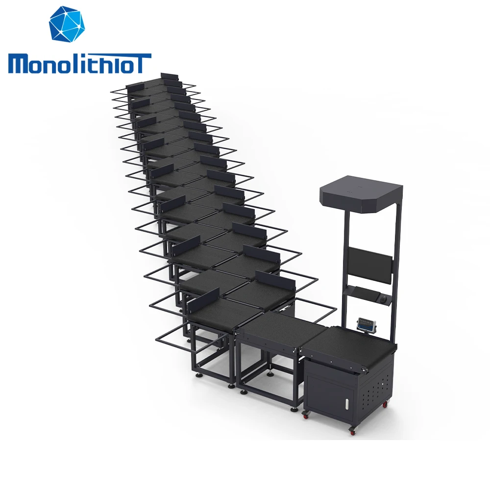 MonolithIoT 32 Destinations Automated Parcels Sorting System Express Logistics Dimensioning Weighing Scanning DWS Belt Conveyor
