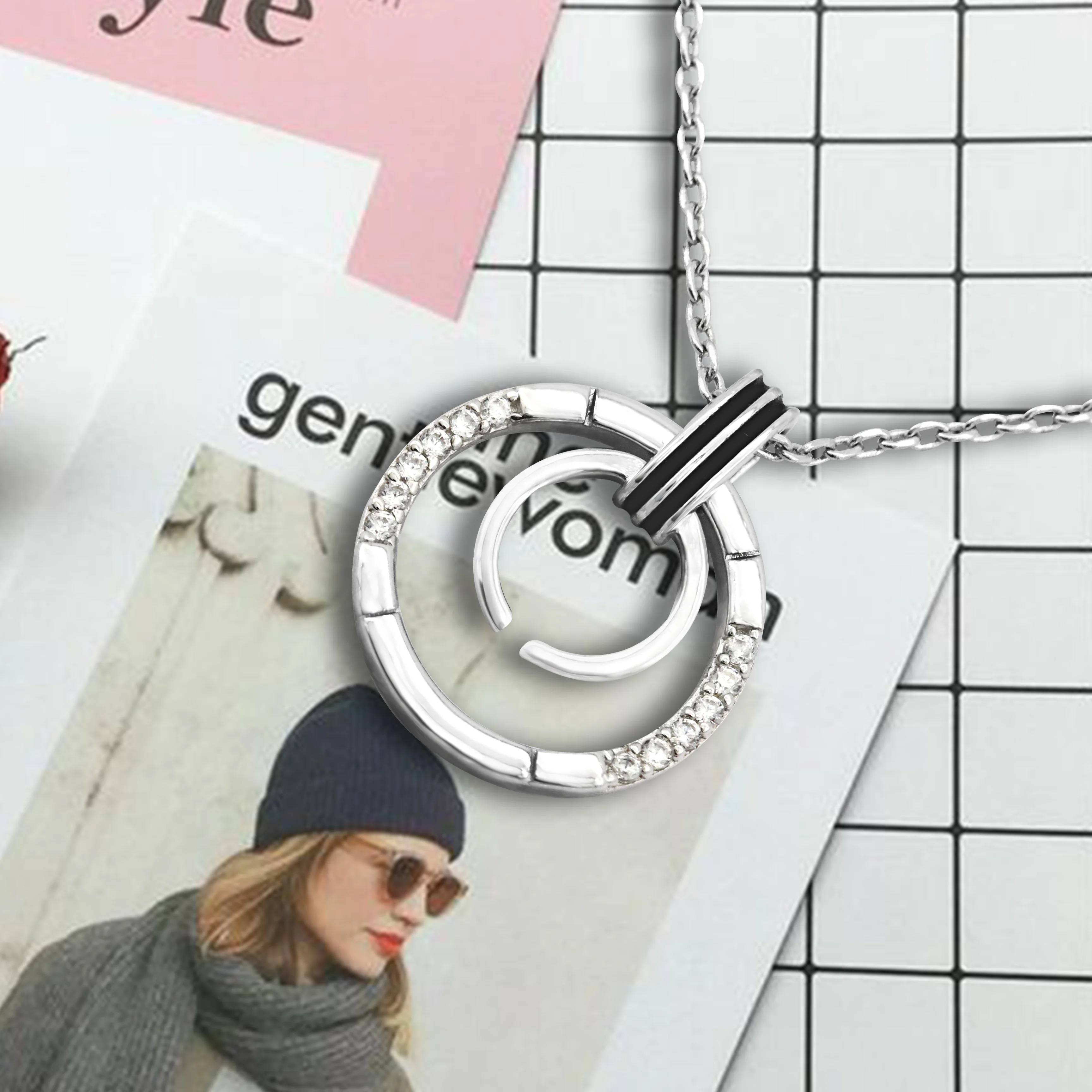 
China Manufactory Hot Sale Double Ring 925 Silver Jewelry Fashion Necklace 