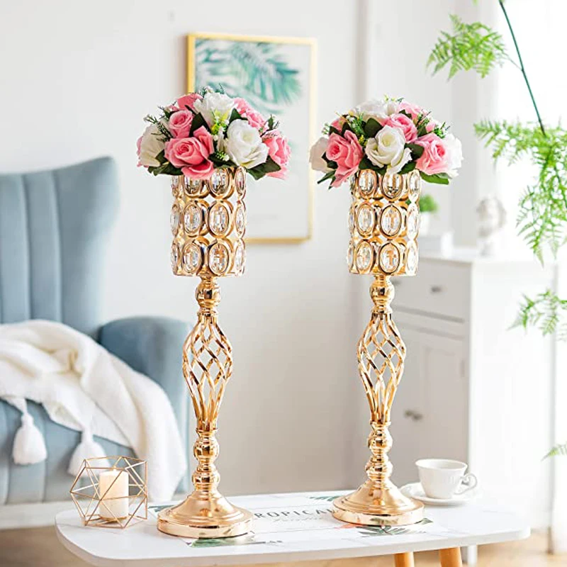 Metal Diamond Crystal Wedding Centerpiece Vases for Tables, Gold Versatile Tall Flower Holders Centerpiece Flower Stands