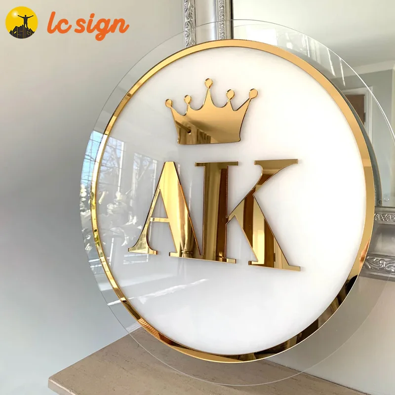 Acrylic white logo with LED light. Golden mirror letters, business signs for beauty salon, boutique, barber shop