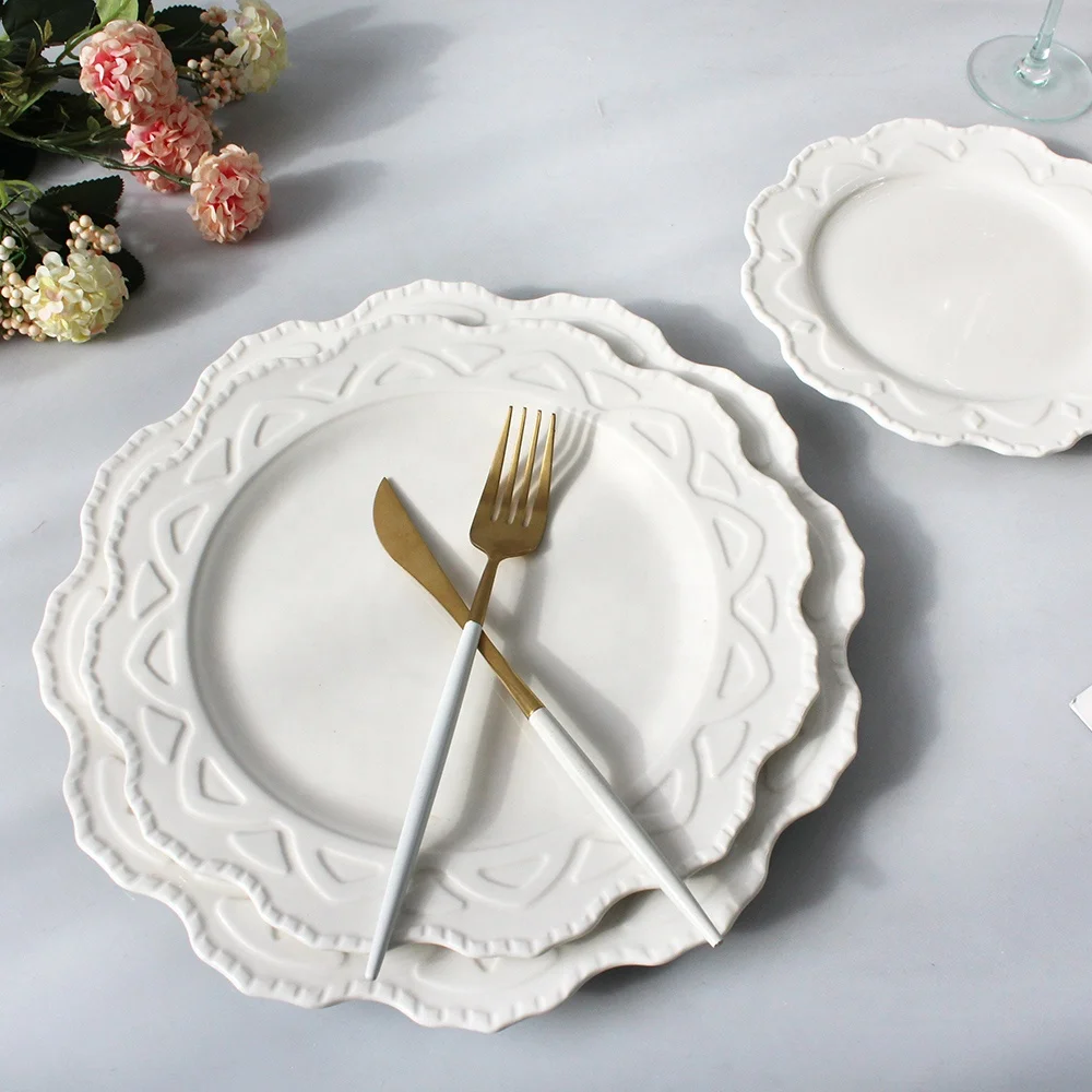 JACOTTA 2022 New Design White Embossed Plates Dinnerware Sets New Bone China Dishes&Plates