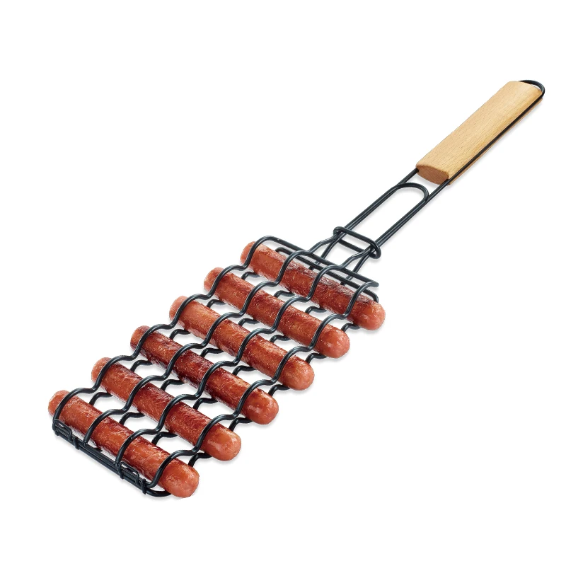Non-Stick Sausage Grilling Basket Metal Mesh Adjustable Sausage Rosewood Handle Grill Rack for Barbecue Tools