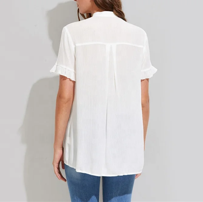 Embroidery Ruffles Shirt Short Sleeve White Blouse Women Cute Summer Tops Casual Button Up Tunic Blouse STb-0915