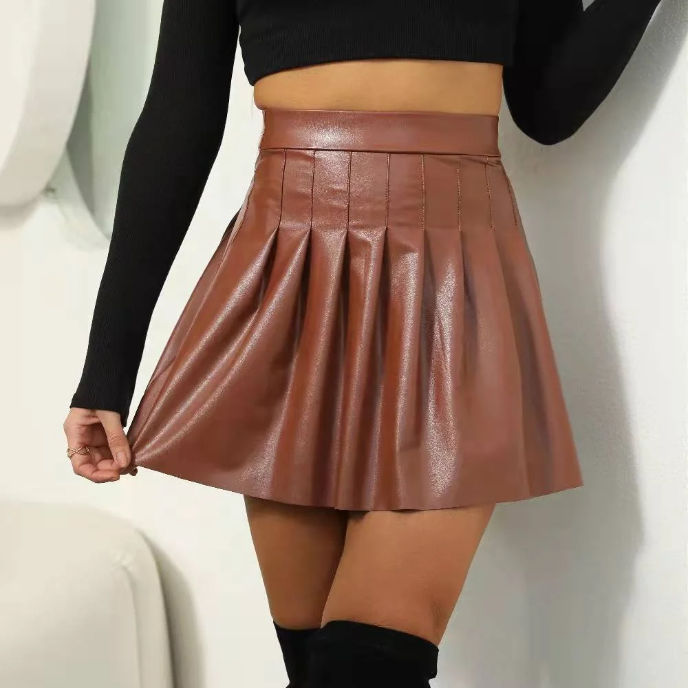 Fashionable ladies girls faux leather pleated shirts leather short dress