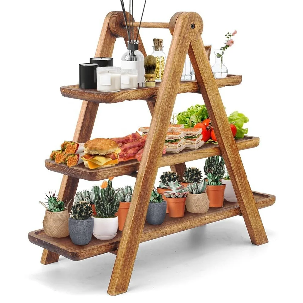 Luxury wedding table decoration wood dishes plate cupcake stand rack holder wood tray 3 tier wooden serving tray cake stand