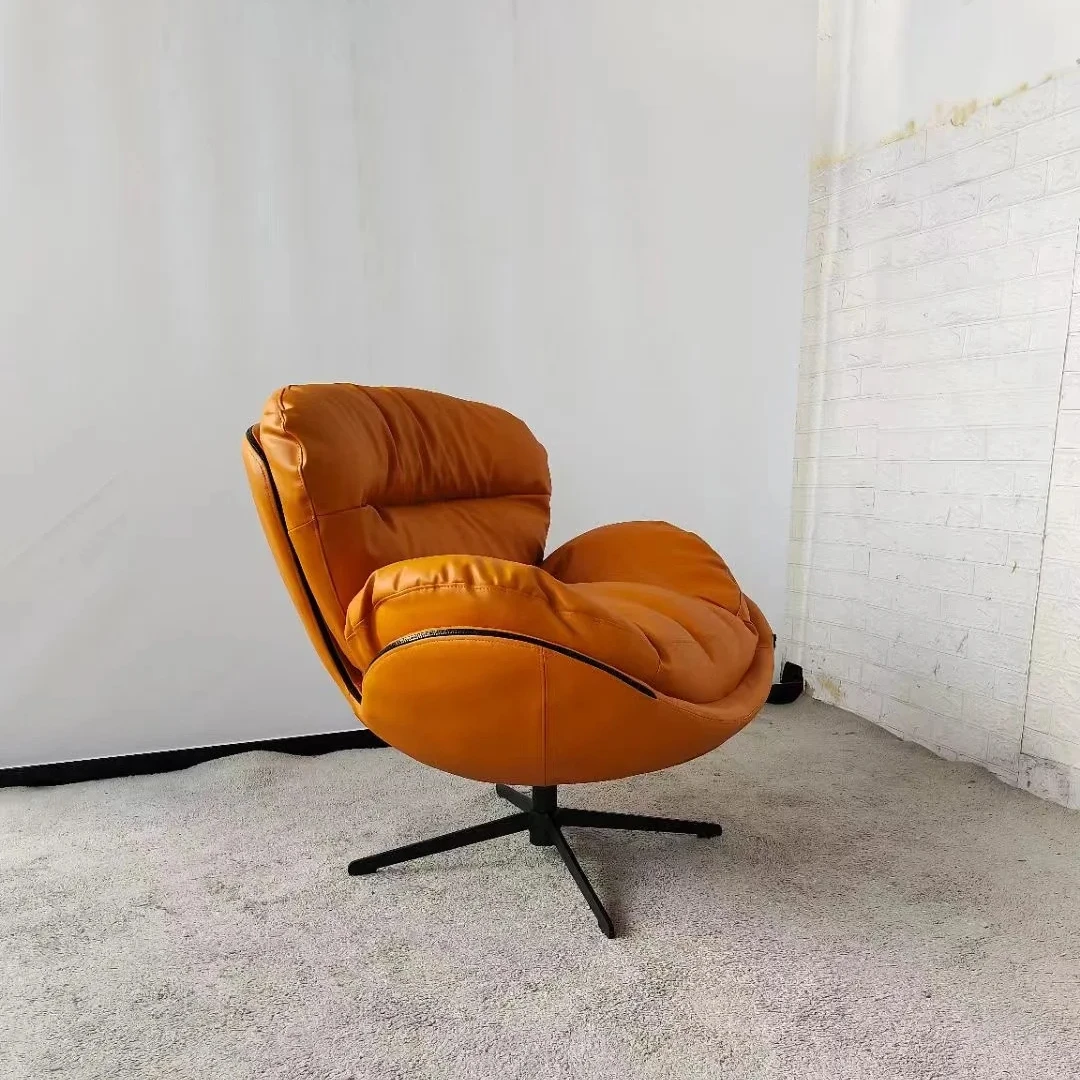 Living Room Office Use Swivel Lounge Chair Vintage Genuine Leather Aviation Egg Chair Retro Style Armchair Swivel Reclining