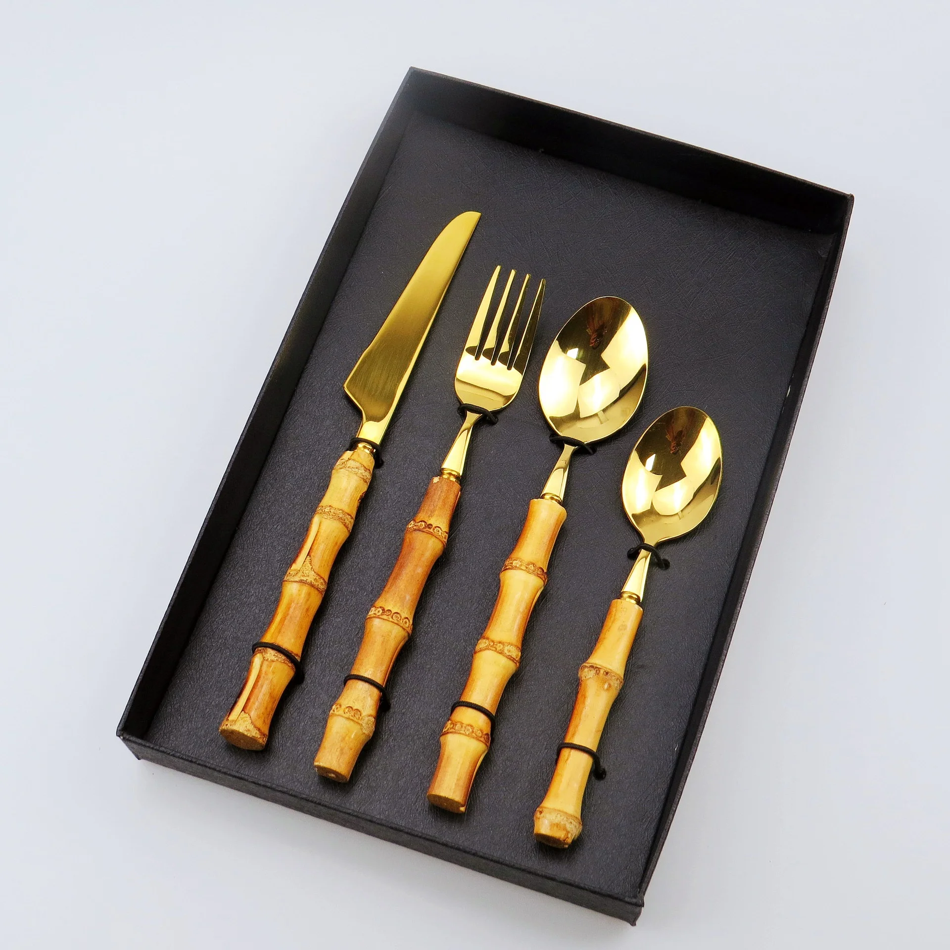 
4pc handmade forged bamboo cutlery set with salad server fork and spoon handcraft luxury bamboo handle silverware set 