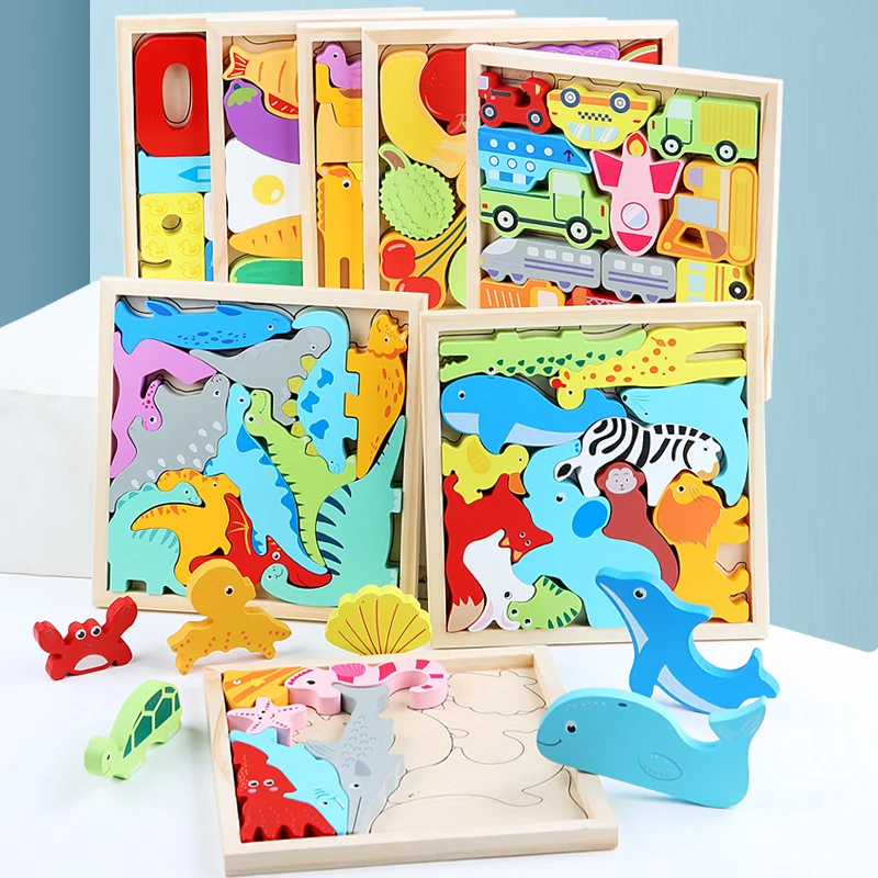 Wooden puzzles for kids Creative DIY building blocks paired with cartoon animal 3D jigsaw puzzle early education enlightenment