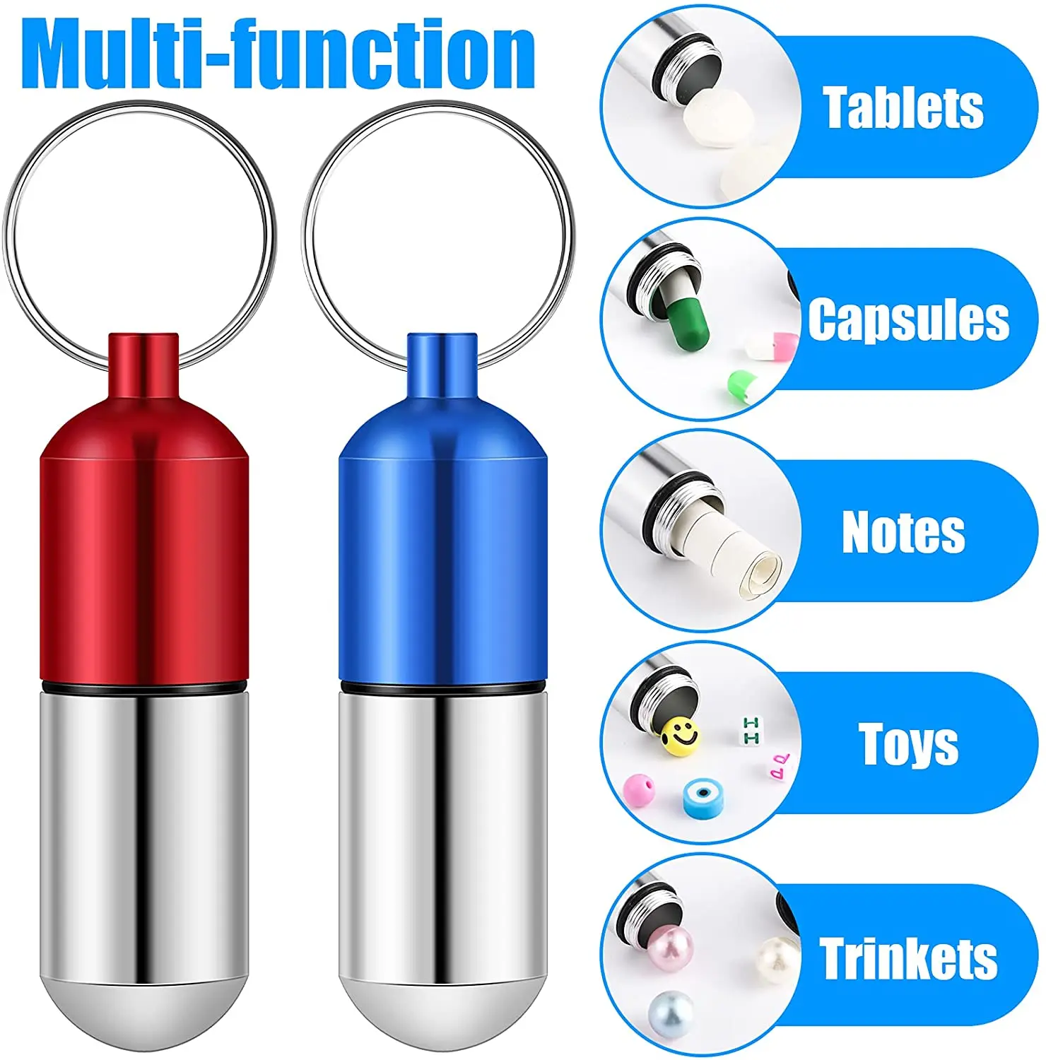 NBBLUESKY Customised Capsule Shape Keychain Aluminium Metal Pill Box Keyring Vial for Stashing Cash and Keys