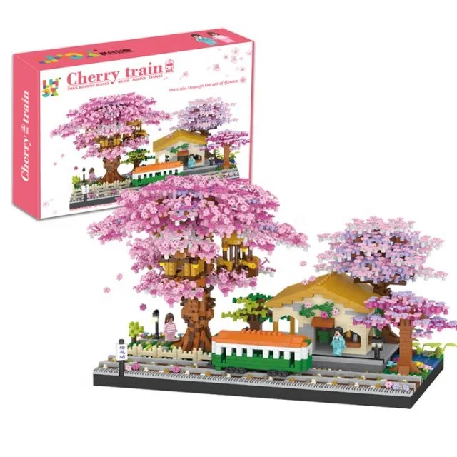 Model 606 Cherry Bonsai With Mini Train Set Small Building Blocks Cherry Tree