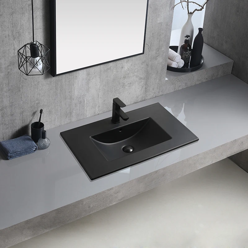 Luxury Modern Design Matte Black Bathroom Vanity Sink One Piece Thin Edge Porcelain Cabinet Square/Rectangular Hand Wash Basin