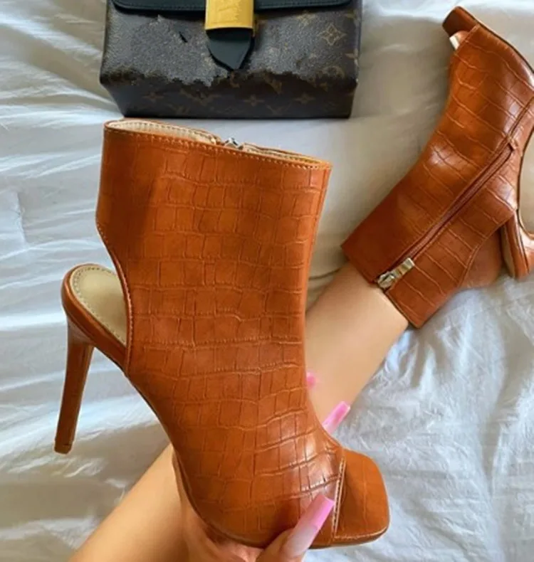 2022 Wholesale Faux Croc PU Leather Inward Zipper  Opened Square Toe Peep Toe High Heel Boots for Women Lady