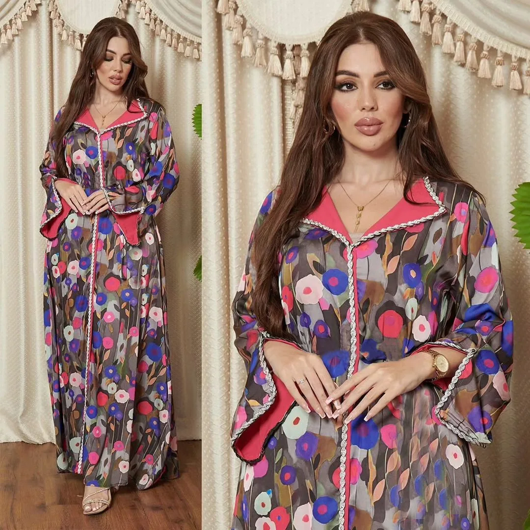 Wholesale Jalabiya Closed Abaya Muslim Clothing Turkey Floral Islamic Long Sleeve Kaftan Dress Women Dubai Abaya