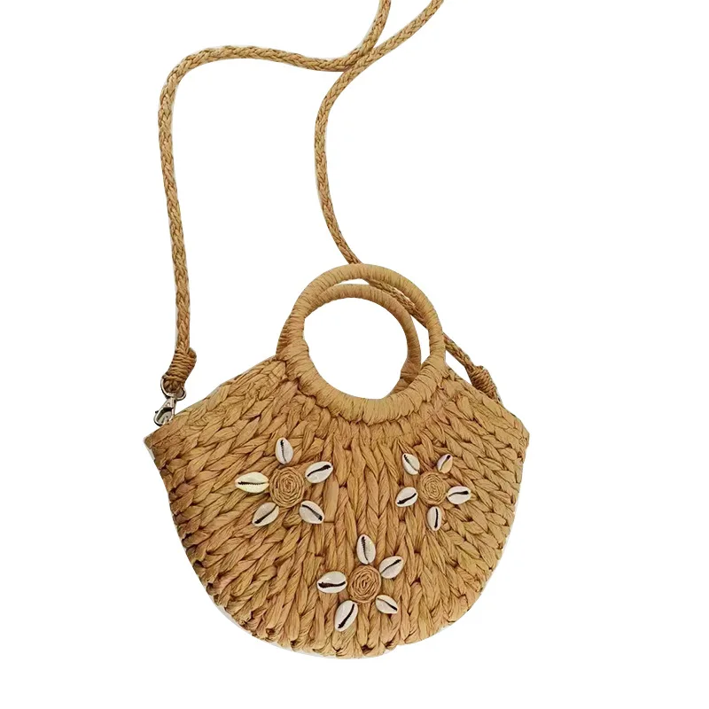 2024 Raffia Grass Bag Half Round Sea Grass Bags Seashell Woven Crossbody Shoulder Bag Beach Straw  Handbag for Women