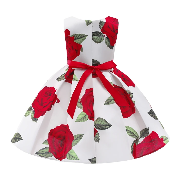 HDKZT8126 2021 Summer Black White Baby Kids Clothes Print Rose Dresses Flower Girls Dress Girl Princess Children Party Skirt