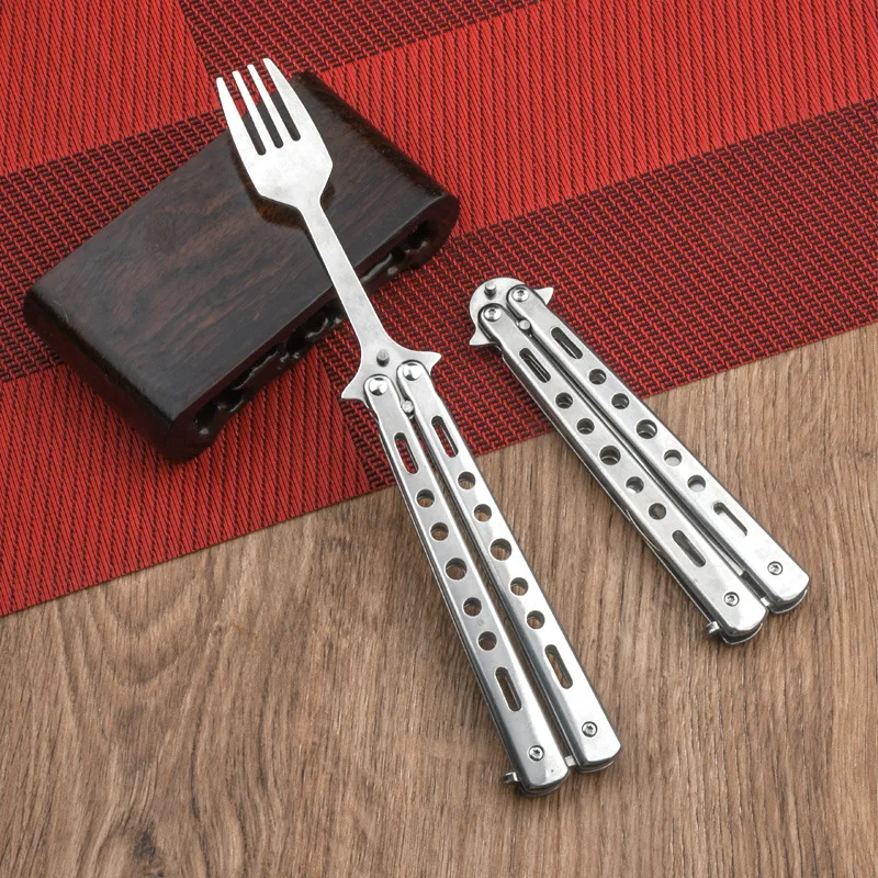 Camping Balisong Spoon Fork Metal Trainer Game Butterfly Knife Folding Tableware
