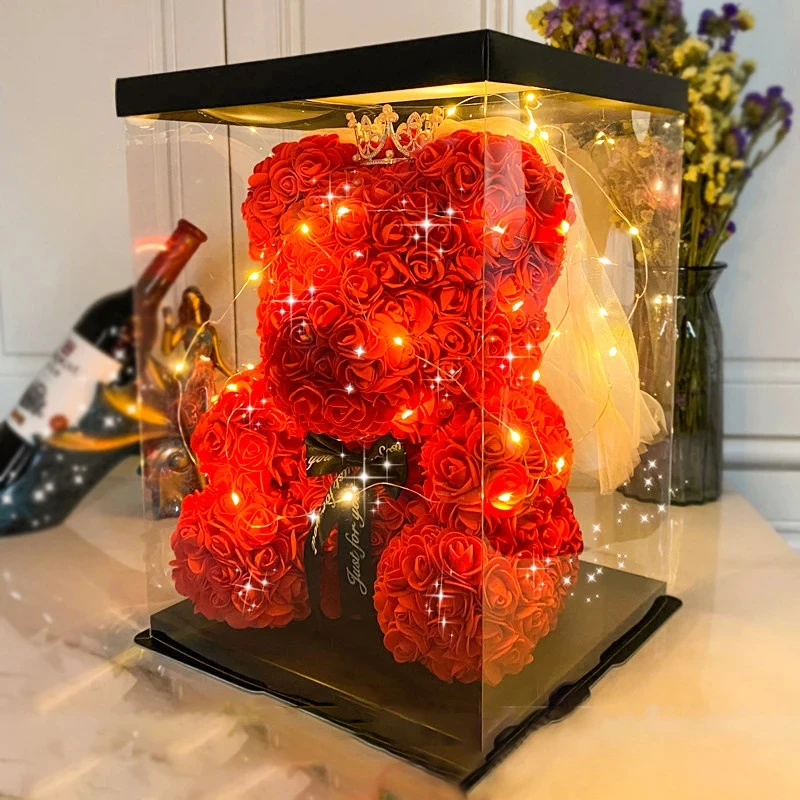 Wedding Decoration Rose Bear Artificial Flower With Box and Light Rose Teddy Bear For Women Valentines Girlfriend Birthday Gifts