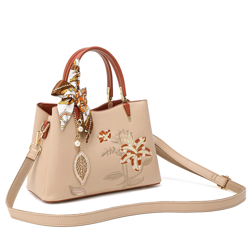 Guangzhou supplier high quality  embroidery PU leather apricot luxury purses and handbags new arrival crossbody bags