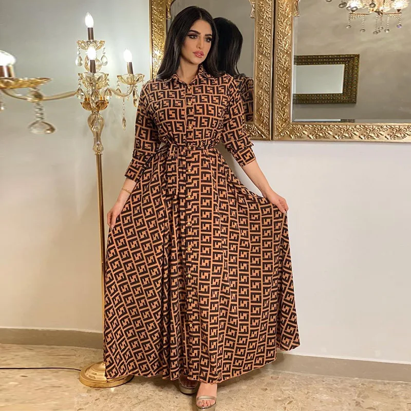 Latest Design Middle East Muslim Dress Indonesia Vintage Print Large Swing Skirt Shirt Dress Elegant Casual Dresses