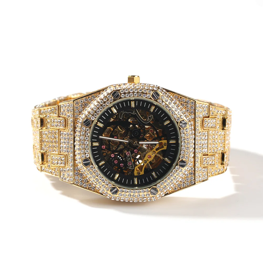 2023 Hip Hop Top Brand Luxury Iced Out Watch Gold Hollow Bottom Iced Out Watch Mechanical