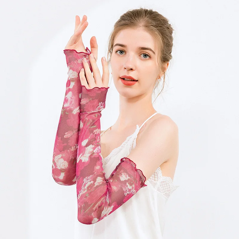 Summer Breathable Elegant Accessories Floral Printed Women 100% Silk Fingerless Gloves for Sun Protection