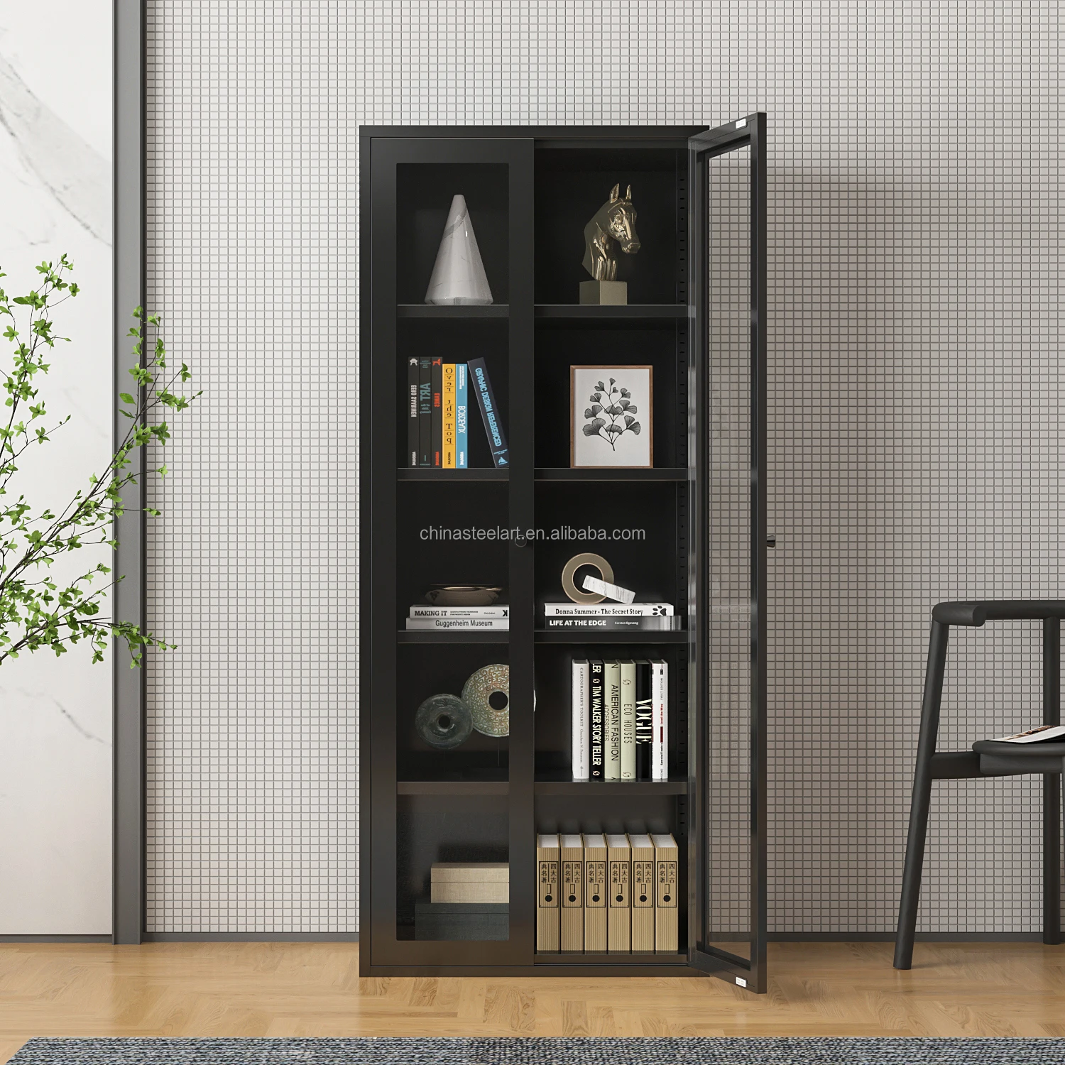 2 Swing Door Steel Storage CabinetH1700*W700*D350 with Glass Door Corner Steel Modern Floor Standing bookcase Office Furniture