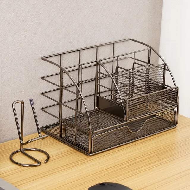 Home School Office Metal Mesh Desktop Desk Organizer with 6 Compartments Sliding Drawer Makeup Tool Storage
