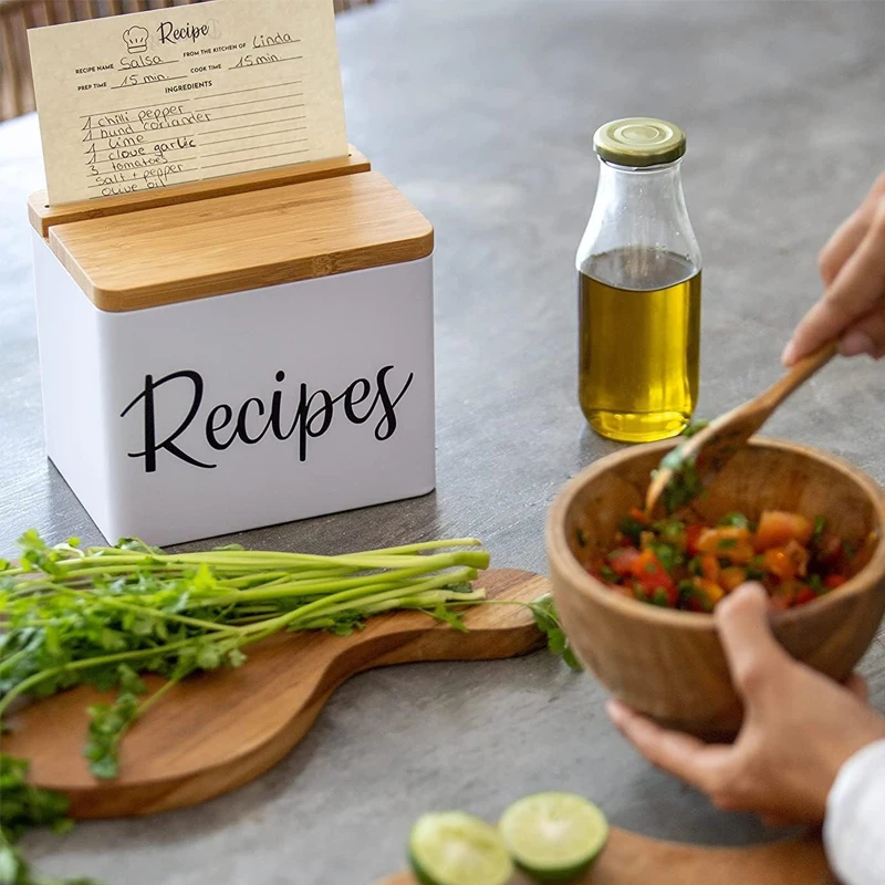 Metal Recipe Box With Cards and Dividers - White Metal Body, Wooden Lid with Phone Holder and Recipe Card Holder