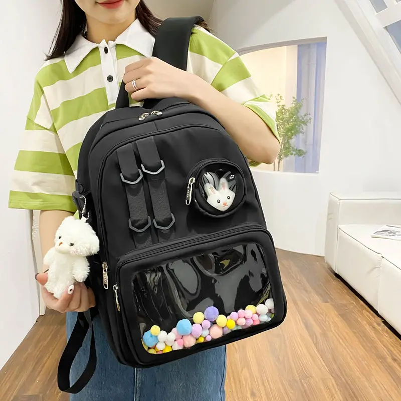 Fashion Cute Girls Schoolbag Round Pouch Waterproof Transparent Outer Pocket Lightweight Travel Laptop Backpacks with Acces
