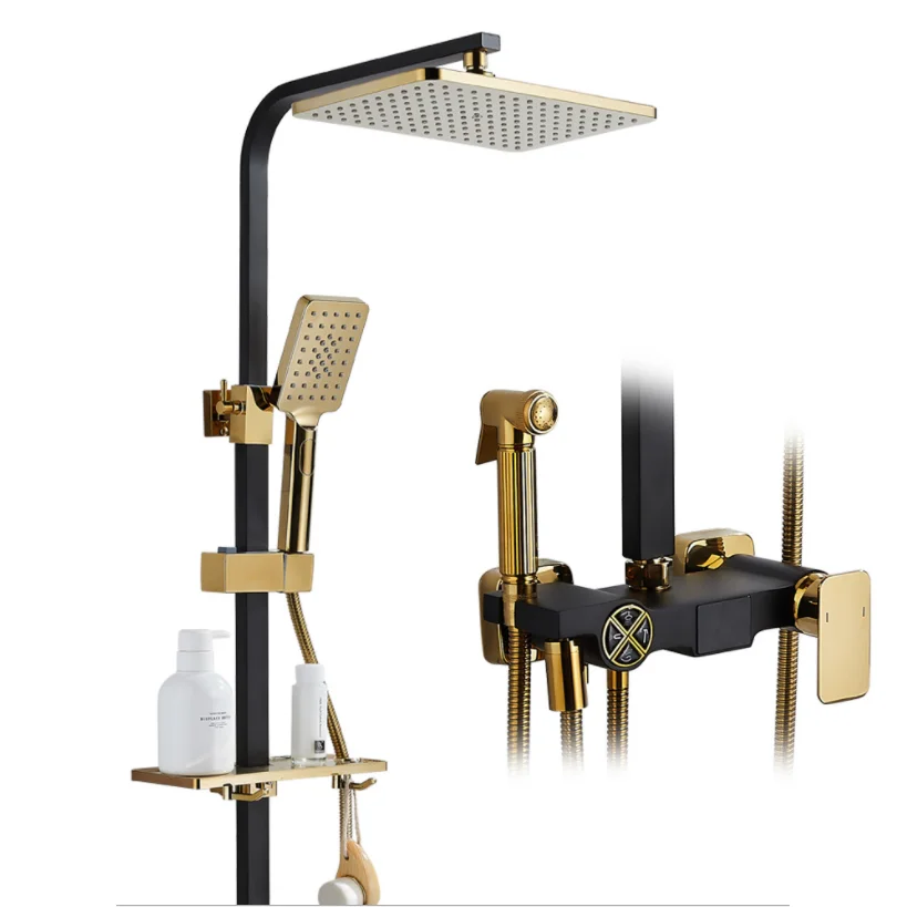 Black gold shower shower set, home constant temperature shower set, wall type home all copper shower set