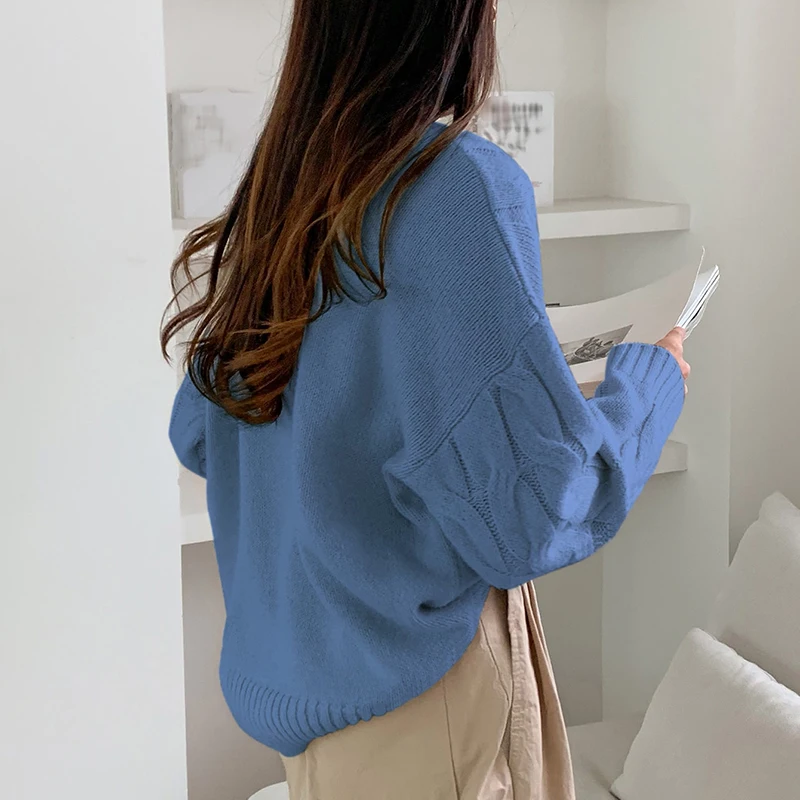 Solid Color Ladies Casual Sweater Fashion Round Neck Big Braid Cable Rib Cashmere Sweater