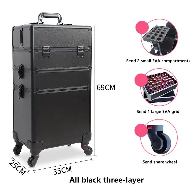 Cosmetics Aluminum Trolley Box, Rolling Makeup Train Case Trolley ,Cosmetic Train Cases on Wheels Large Capacity Traveling case
