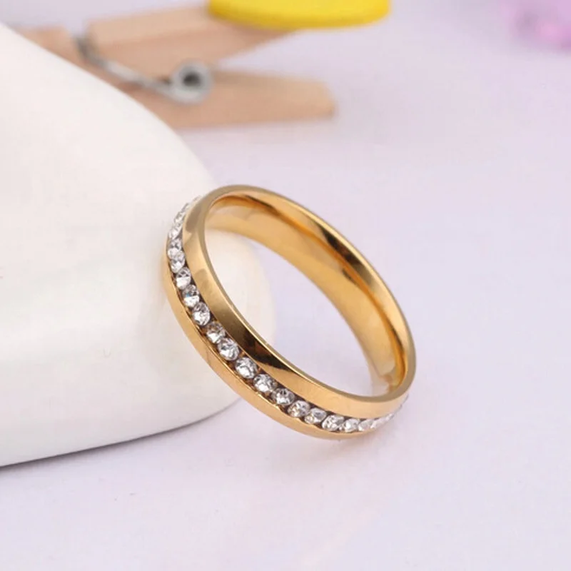 
New Arrival 6mm Platinum Plating Crystal Promise Eternity Band Rings 14K Gold Plating Stainless Steel Zircon Engagement Rings 