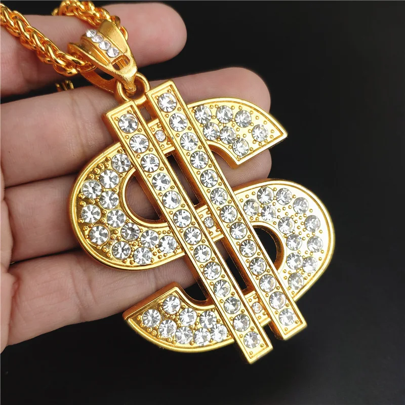 18K Gold Plated Chain with Dollar Sign Pendant Necklace Old School Hip Hop Rotatable Dollar Necklace 80s 90s Rapper Costume Big