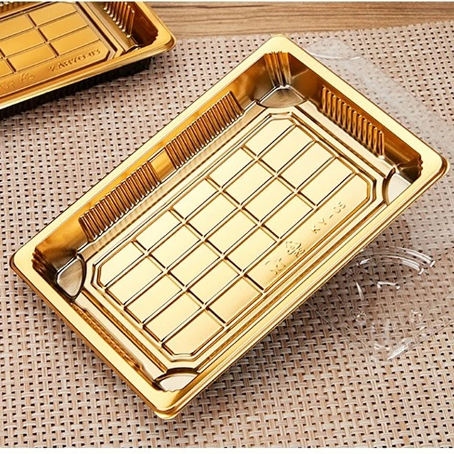 Gold disposable plastic sushi container PET food grade take out sashimi sushi tray boxes with antifog lid