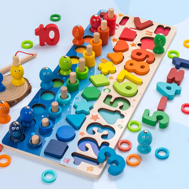 2020 Montessori Wooden toys count geometric shape cognition match octopus Fish game toys 5 in 1 Puzzle boards WPT28-F