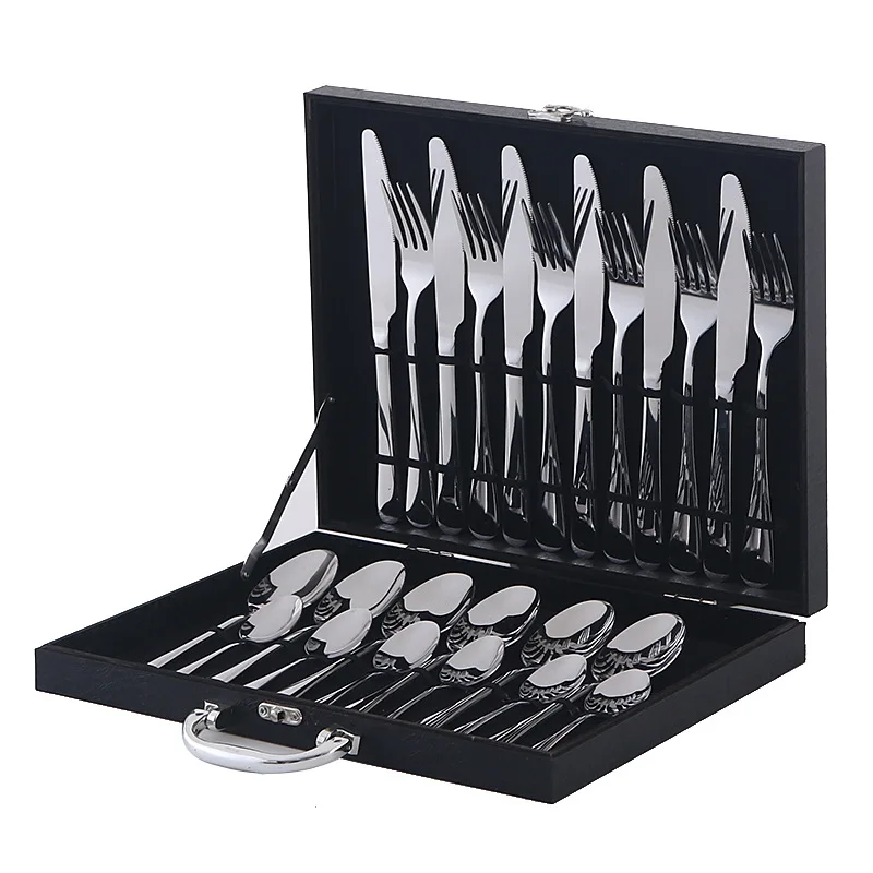BST Custom logo 24 pcs flatware tableware fork knife spoon luxury cutlery set stainless steel with black wood gift box
