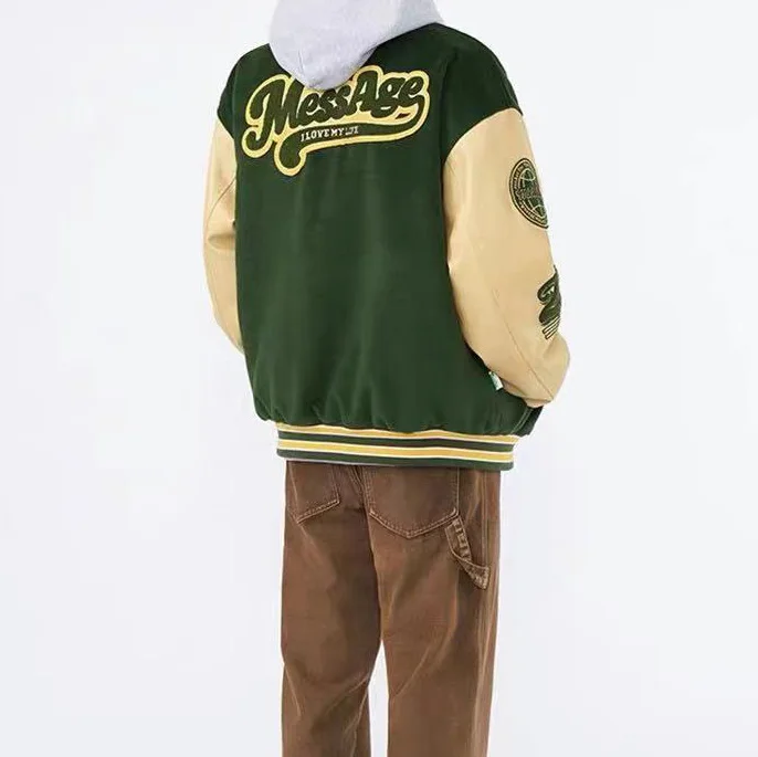 OEM custom winter hooded coat industries flocking bear embroidery crewneck loose varsity jacket for men