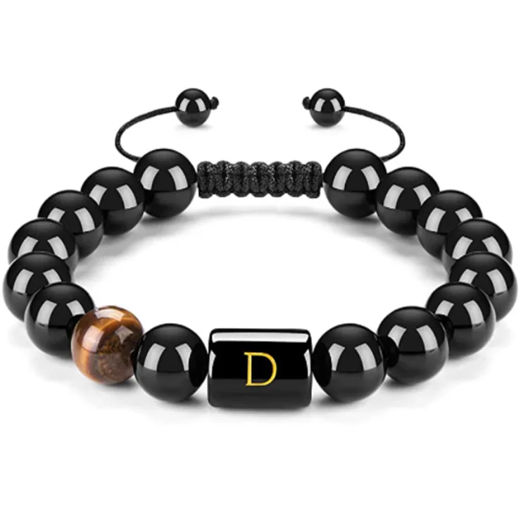 Fashion 26 Letters Tiger Eye Black Onyx Stones Beads Bracelet for Women Men